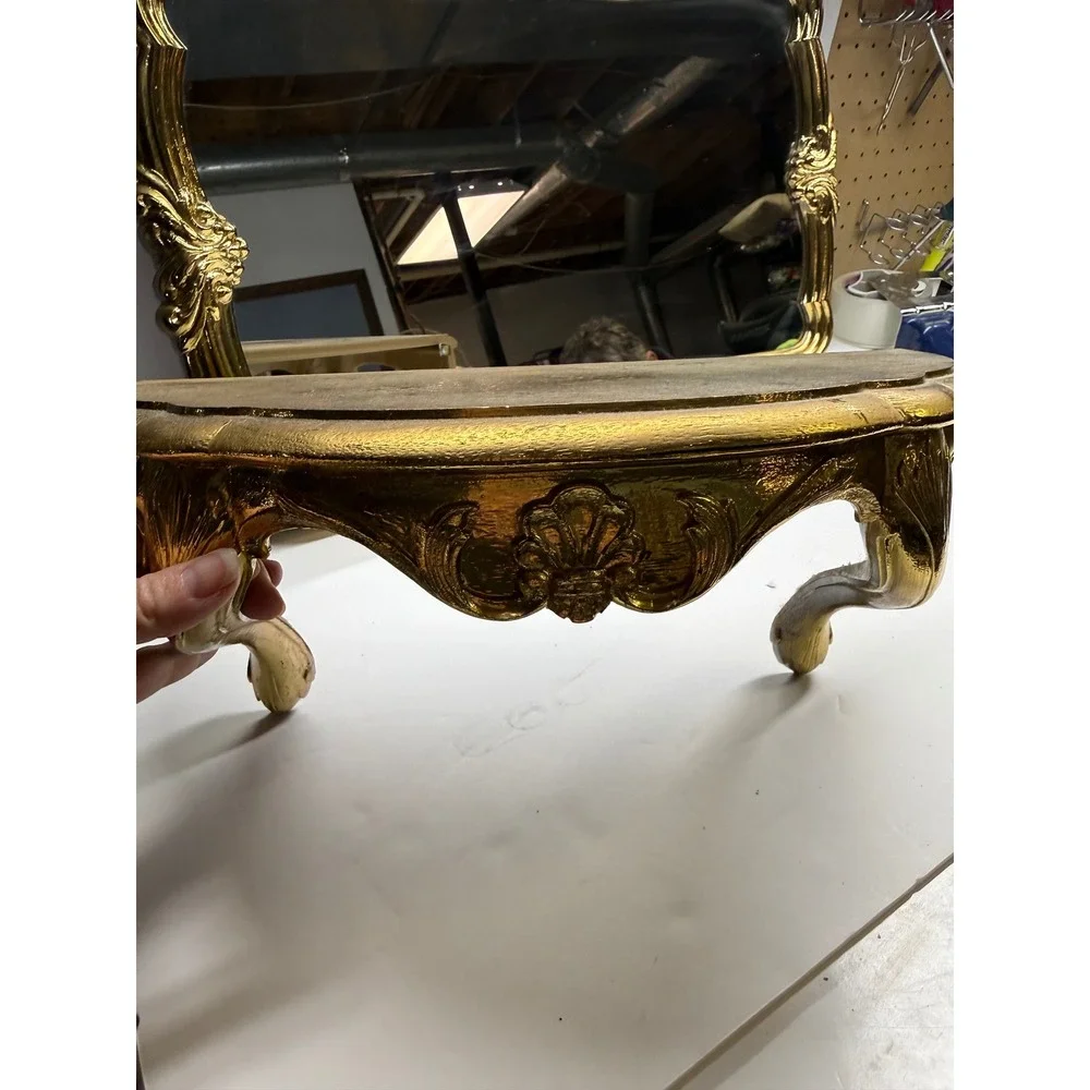 Vintage Gold Ornate Wall Mirror and Matching Console Shelf Set Hollywood Regency